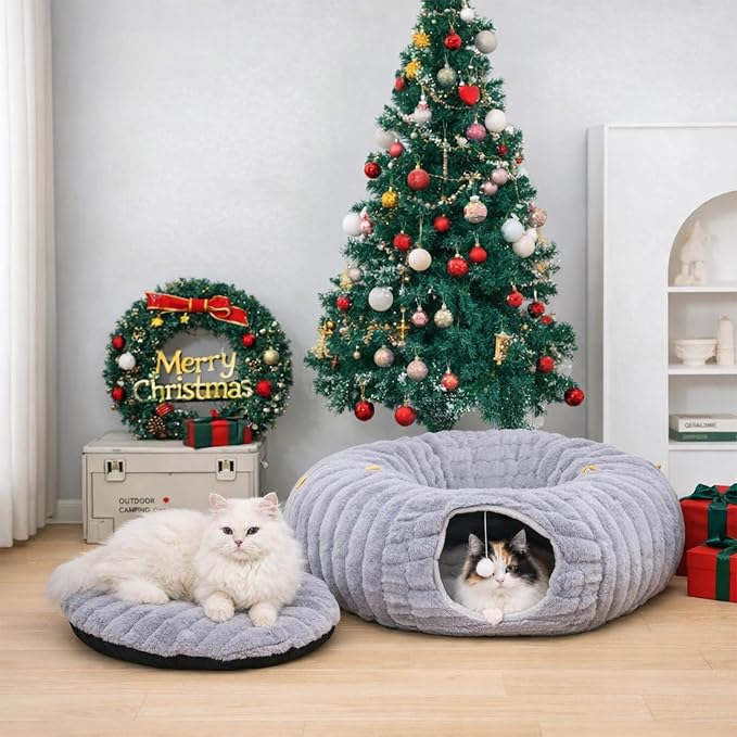 Dogpals Cat Tunnel Bed Cave 33" Lx10 Wx10 H for Indoor Cats(Grey) | Washable Cozy Cushion, Soft Striped Plush Fabric, Hideaway Peekaboo Cave for Kittens, Puppies, Rabbits & Small Pets