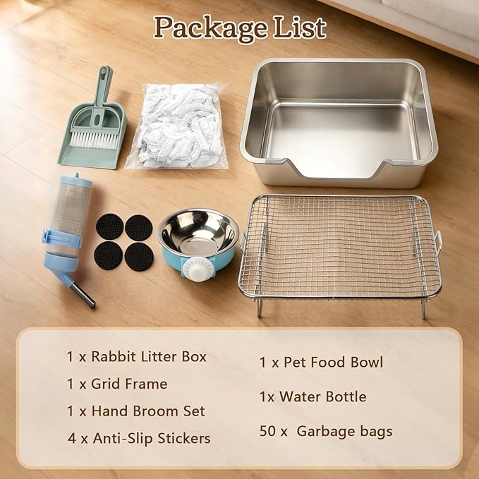 Rypet Large Rabbit Litter Box, Bunny Litter Box High Side with 304 Stainless Steel Sifting Tray, Metal Small Animal Litter Pan with Pet Food Bowl and Water Bottle, Non-Slip Easy to Clean Odor Control
