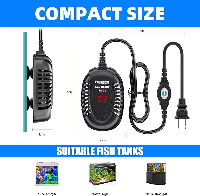 FREESEA Aquarium Fish Tank Heater: 75W Small Submersible Turtle Heater with Adjustable Temperature External Controller for Betta | Saltwater | Freshwater | 5-15 Gallon