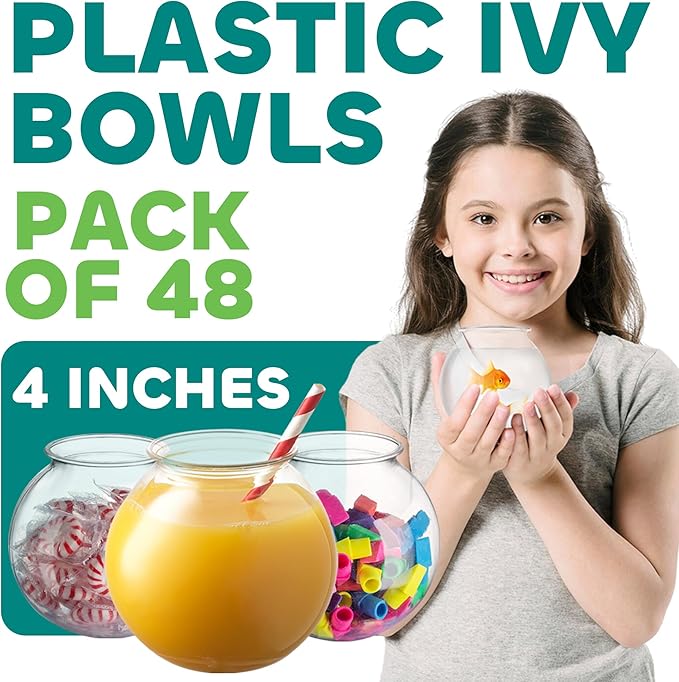 JoyServe 16 Oz Plastic Fish Bowl (48 Pack) 4 Inch Heavy Duty Plastic Ivy Bowls, for Candy, Carnival Games, Prizes, Centerpieces and Party Decoration Supplies, BPA-Free