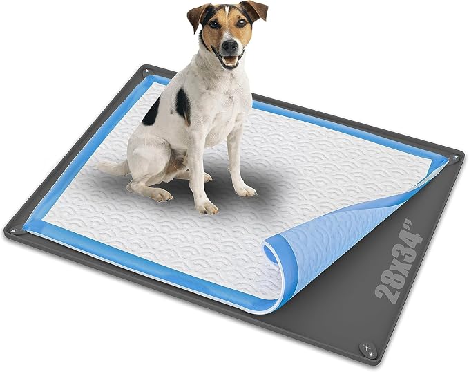 Dog Pee Pad Holder Tray Fits for 28” x 34” Pee Pads - 1 Pack - Grey | Corner Lock Holes, Raised Edges, Non-Spill, Easy to Clean Silicone Dog Potty Tray Holder, For Indoor Floor Protection