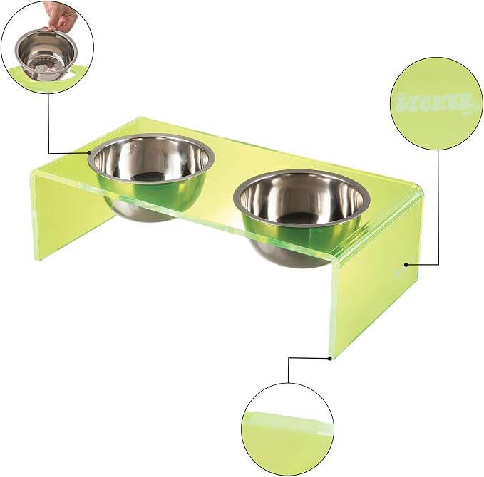 DBL2001G Keaton 7.5" Medium/Large Modern Acrylic Rectangular Elevated Pet Feeder with 54oz 2-Stainless Steel Bowls, Green/Chrome