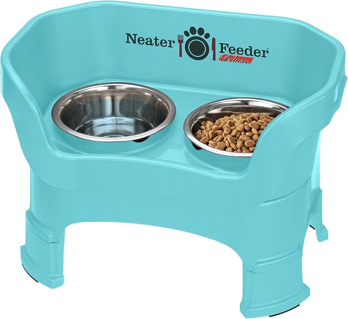 Neater Feeder Deluxe Mess-Proof Elevated Dog Bowls for Medium Dogs (19–40 lbs), 2 Height Adjustable (10” & 12.5”) No-Spill Raised Dog Bowl Stand, Stainless Steel Food Bowl Set, Made in USA, Aquamarine
