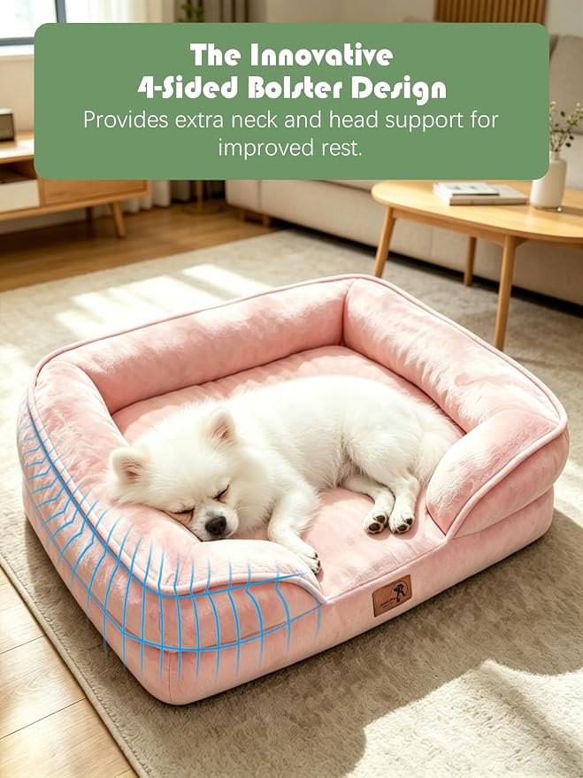 Spotted Play Orthopedic Dog Bed with Sides - Sofa Beds for Small Dogs, Supportive Foam Pet Couch Bed with Washable Removable Cover, Waterproof Lining and Non-Slip Bottom, Pink - S