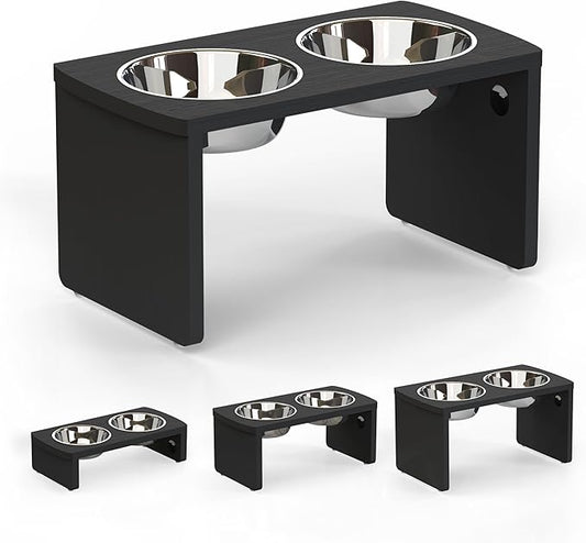 Elevated Dog Bowls, Waterproof Raised Dog Bowl for Medium & Large Dogs, HIPS Poly Lumber Stand with 2 Stainless Steel Bowls, Indoor & Outdoor Use (10'' Tall–48 oz Bowl, Black)