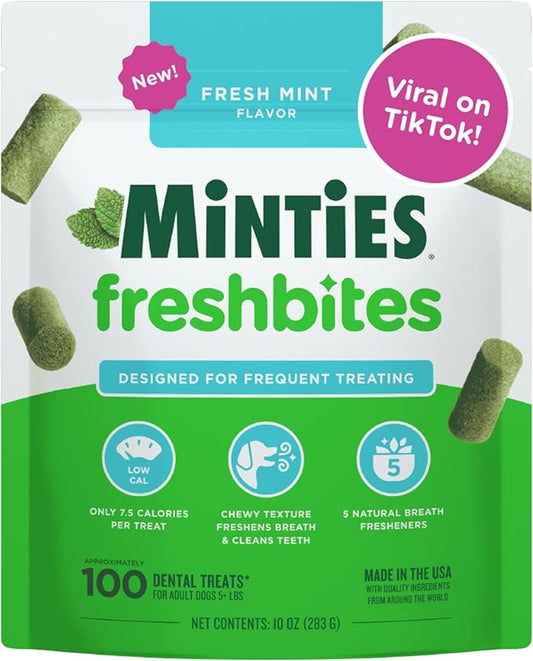 Minties FreshBites Soft and Chewy Dental Treats, Low Calorie Natural Mint Flavored Dental Chews for Dogs, 100 Count, Dog Chews Clean Teeth, Fight Bad Breath, Removes Plaque and Tartar