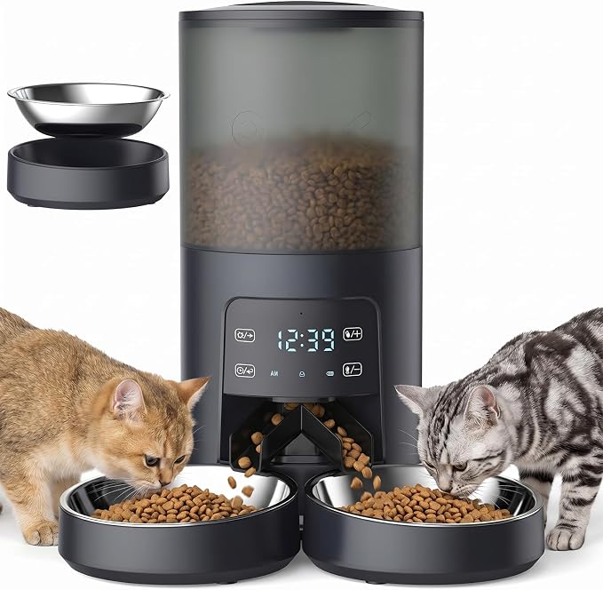 DUMOS 6L Automatic Cat Feeder for 2 Cats, Timed Pet Food Dispenser - Black | 2 Stainless Bowls, 10s Voice Call, Dual Power Supply, 6 Meals Per Day, 50 Portions Per Meal, Dual Pet Feeder for Cat and Dog