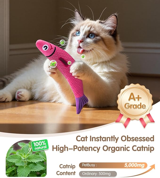 Interactive Cat Toys with[5000mg Premium A+Catnip &Silvervine][Baby Grade] Soft Chew Kicker Cat Toys for Indoor Cats & Kittens, Crinkle &Rattle Fish Sound Toy, Drives Bored Cats Crazy with Fun,3 Pack