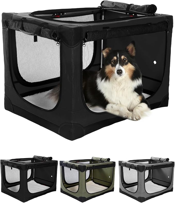 Veraste 24" Soft Collapsible Travel Dog Crate for Small Medium Pets.Black | 4-Door Foldable Travel Crate,breathable mesh, foldable with storage bag