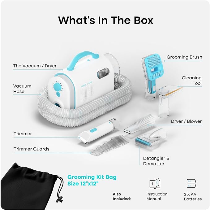 Uproot Clean Pet Grooming Vacuum for Dogs & Cats: 7-in-1, Quiet & Mess-Free | Pet Hair Vacuum with 7 Tools - Brush, Deshed, Detangle, Trim, Clean & Dry. Low-Noise Cat & Dog Grooming Kit for Shedding