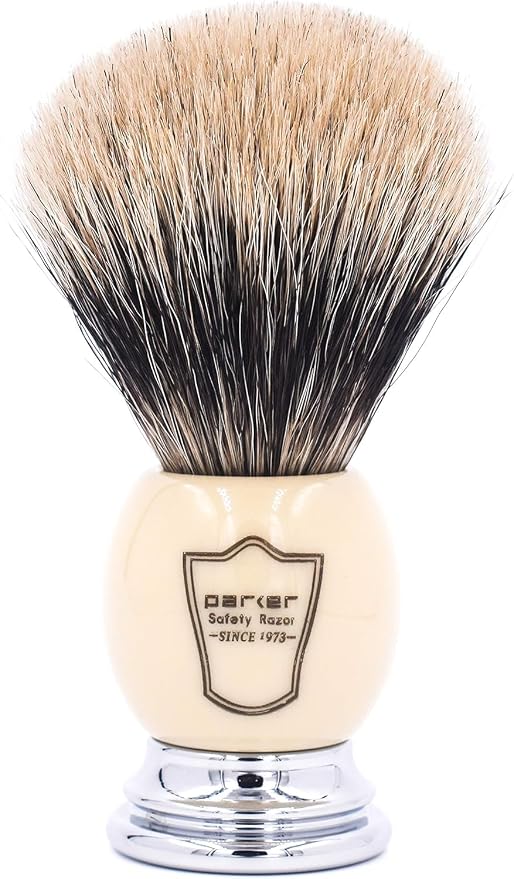 Parker Pure Badger Shaving Brush, Faux Ivory & Chrome, 22mm Knot | Rich Lather, Handcrafted Tool, Cream or Soap, Classic Wet Shaving, Iconic Brand. Includes Stand