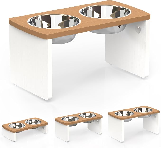 Elevated Dog Bowls, Waterproof Raised Dog Bowl for Medium & Large Dogs, HIPS Poly Lumber Stand with 2 Stainless Steel Bowls, Indoor & Outdoor Use (10'' Tall–48 oz Bowl, Teak-White)
