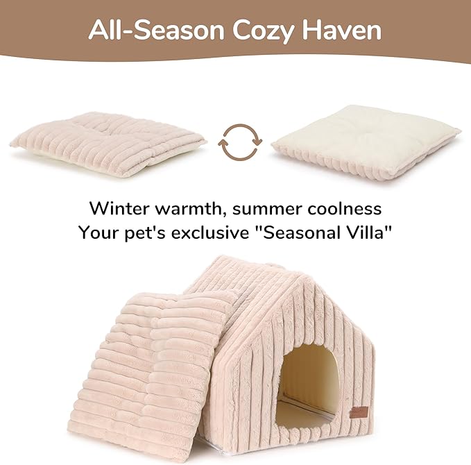 FUKUMARU Cat Bed Cave, Enclosed Washable Covered Dog Bed with Support Frame | Large Cat House for Indoor Cats, Cozy Cat Hideaway for Anxious Cats, Soft Plush Faux Fur Cat Tent Bed, Non-Slip Bottom