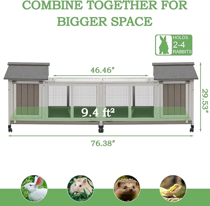 Gowoodhut 76.38"L Rabbit Hutch Indoor and Outdoor with 8 Wheels,Wooden Rabbit Cage with Pull Out Leak-Proof Tray for 2-4 Rabbits,Bunny Hutch with Asphalt Roof Suitable for Garden,Park,Living Room,Grey
