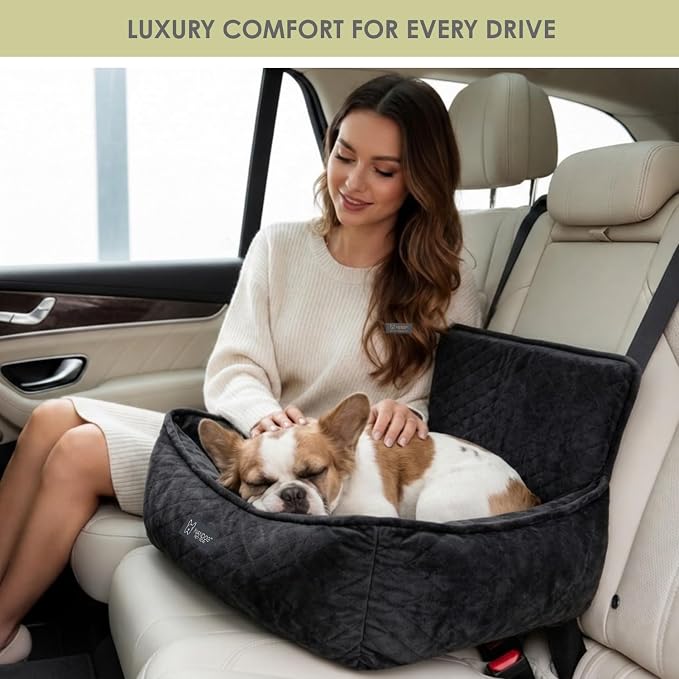 NANDOG Luxury Dog Car Seat Bed for Medium Dogs, Micro Plush Pet Seat with Removable & Washable Cushion Insert, Thick Safety Seatbelt Straps, Secure Travel Carrier, Charcoal Dark Grey, 22" L x 18" W