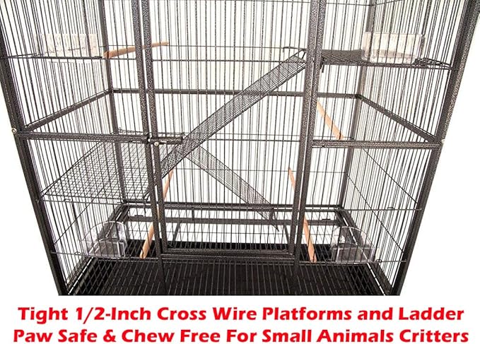 54" LARGE Wrought Iron 4-Level Chew-Proof Tight 1/2-inch Wire Spacing Ferret Squirrel Chinchilla Sugar Glider Rat Mice Rabbit Hamster Critter Home Cage Easy Clean Pull Out Tray Removable Rolling Stand