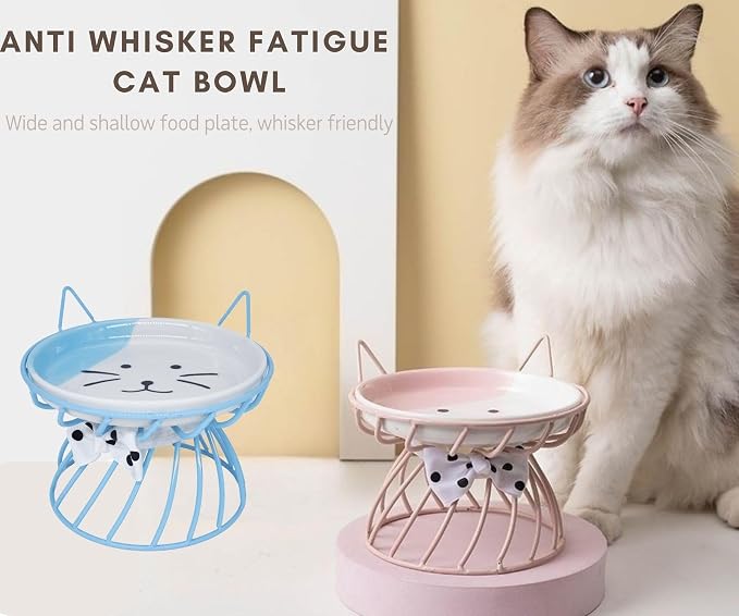 Set of 2 Elevated Ceramic Cat Dishes, Pink & Blue | Pink & Blue Set Detachable Bowls Elevated Design Whisker Friendly Non-Slip Pads