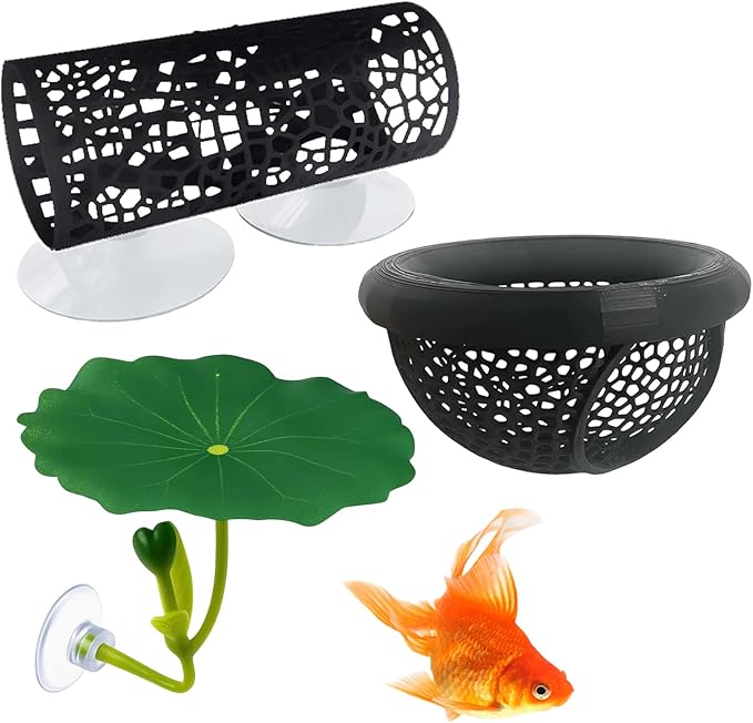 3-Piece Set Fish Tank Decor, Large Black and Small Black Decorations with Lotus, Betta Fish Toys for Aquarium, Beta Hammock for Fish Tank