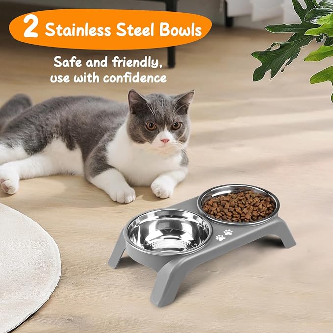 Elevated Dog Bowls for Small Dogs, 3” High Raised Dog Bowl Stand with Dual 5” Stainless Steel Bowls Non-Slip Pet Feeder for Puppy and Cats, Dishwasher Safe, Grey
