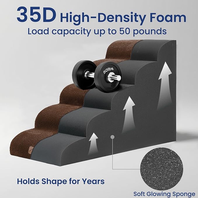 GoGoBunny Ramp Dog Stairs for High Beds 22.6" H, 5-Step Dog Slope Stairs with Durable Waterproof Fabric Cover, Pet Steps for Old Large Dogs Climbing, Non-Slip Sturdy Indoor Step, Brown