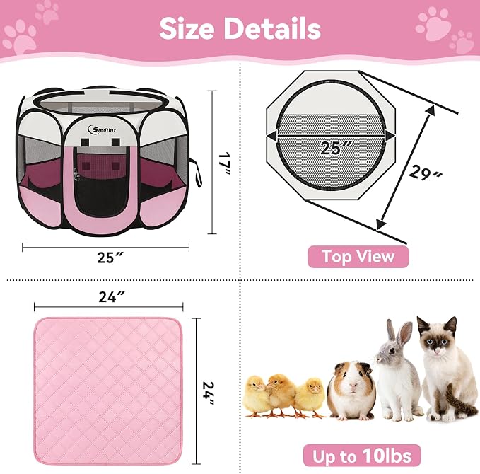 Sieidihit Dog Cat Playpen Tent Crate Cage with Washable Pee Pad, Small Pink | Pet Nursing Enclosure Camping Rest Zone for Recovering Pets New Pet Quarantine Room Portable Pop Up Easy Set up lightweight