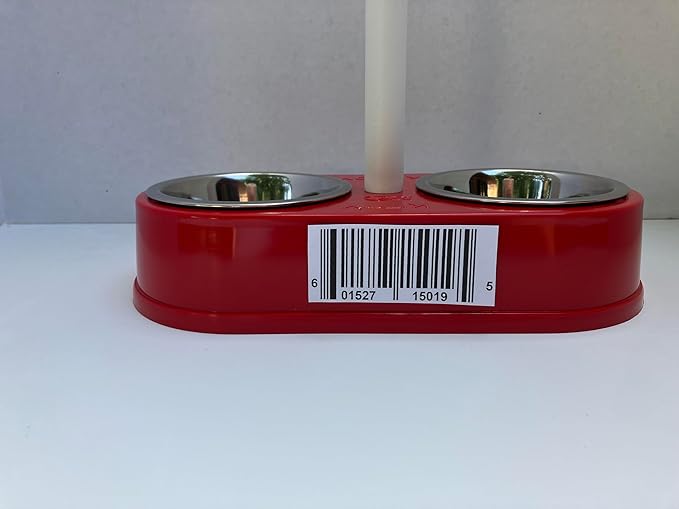 Double Diner for Cats & Dogs, 27-Inch Tall Pet Feeding Station with Long Detachable Handle, Removable Stainless Steel Bowls, Easy Grip, Sturdy & Durable, Ideal for Small to Medium Pets, Bright Red