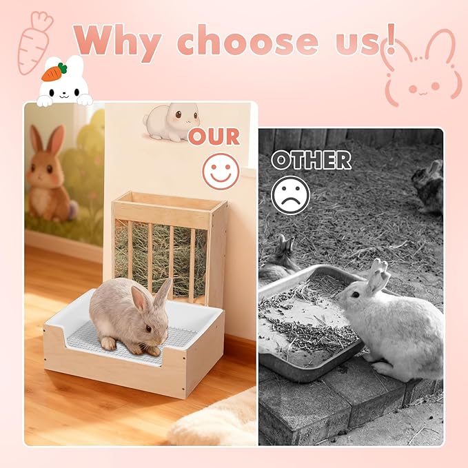 Extra-Large 2-in-1 Rabbit Litter Box & Hay Feeder Set, Wood, Mess Proof, for Guinea Pigs, Chinchillas, Hamsters, and Rabbits