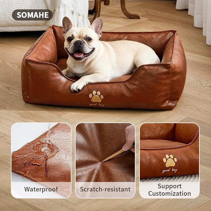 SOMAHE Waterproof Leather Dog Bed, Bolster Couch, 24x19x9 Grey | Wipe-Clean Waterproof Leather + Removable Cushion: raised bolsters create a cozy bed for small-medium dogs.