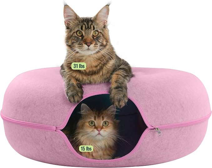 Peekaboo Cat Cave Donut for Multiple & Large Cats up to 30-45 lbs, 3-in-1 Self Warming Cat Bed, Tunnel & Scratcher for Indoor Cats, Washable & Detachable Small Dog Bed (Pink, Jumbo)