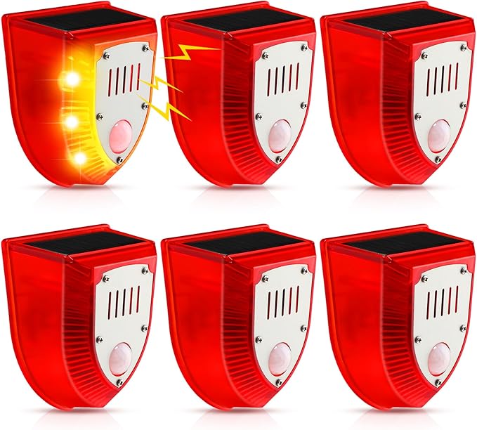 Qualirey 6 Pcs Solar Alarm Motion Detector with Sound Outdoor Motion Sensor 129db Barking Dog Strobe Light Gunshot Sound Alarm Detector Noise Maker Warning Lamp for Home Villa Yard Farm