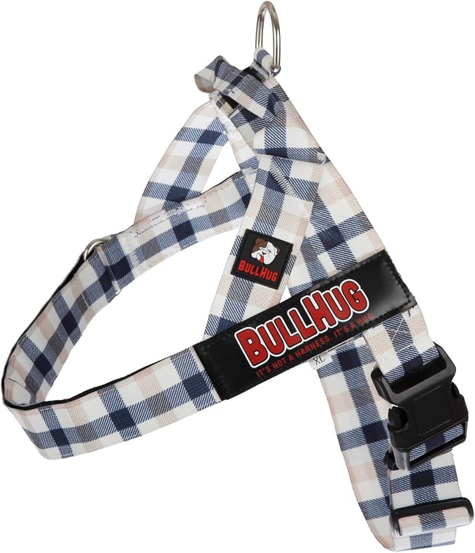 Adjustable Dog Harness– No Pull, No Choke – for English Bulldogs, French Bulldogs, Pugs & Broad-Chested Breeds – Easy, Safe Walks (Blue TAN Plaid, Small)