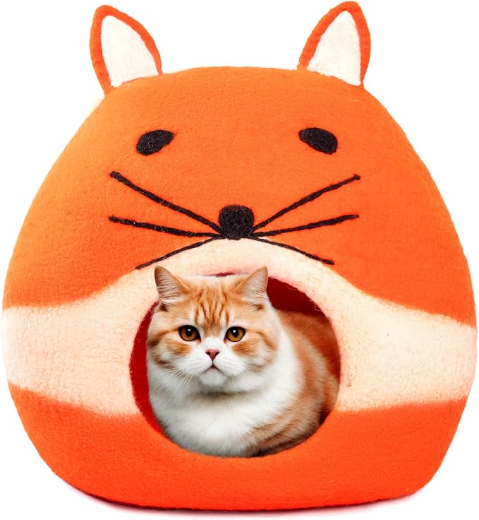 Luxurious Merino Wool Cat Cave - Foldable Hideaway Pod for Indoor Cats - Premium Felt Kitten Pet Enclosure - Covered Cat House for Ultimate Cozy Comfort by Woolygon (Fox)