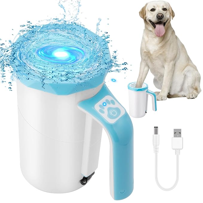 Rechargeable Automatic Dog Paw Cleaner, 2 in 1 Dog Paw Washer Cup | Portable Pet Paw Cleaner with Soft Silicone Brush, 7.4V High Power, Dog Foot Washer Suitable for Big Dog/Cat Grooming, Blue