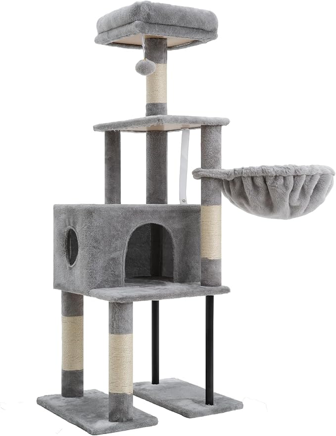 Heybly Cat Tree, 49.2 Inches Cat Tower for Indoor Cats, Spacious Cat House Condo with Hidden Space，Sturdy Steel Tube，Soft Plush Top Perch，Cozy Hammock and Sisal Scratching Posts, Light Gray HCT200SW
