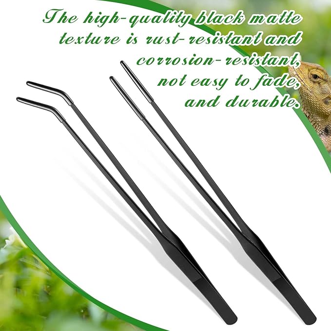 Lasnten 2 Pcs Extra Long Stainless Steel Reptile Feeding Tongs with Rubber Tip 10 Inch, 10.5 Inch Bearded Dragon Aquarium Straight and Curved Long Tweezer Terrarium Feeder Tool for Tank(Black)