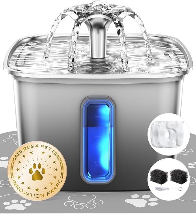 Veken Innovation Award Winner Stainless Steel Cat Water Fountain, 108oz | Automatic Pet Fountain Dog Water Dispenser with Replacement Filters & Silicone Mat for Cats, Dogs (Velvet Black)