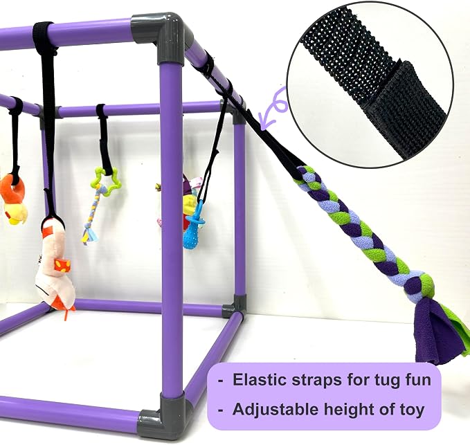 Puppy Play Gym for small dogs with 8 Hanging Interactive Toys Indoor Play | Funny Enrichment Jungle Playground to Keep Them Busy，with Bungee Straps for self-play,19.5*19.5*19.5in