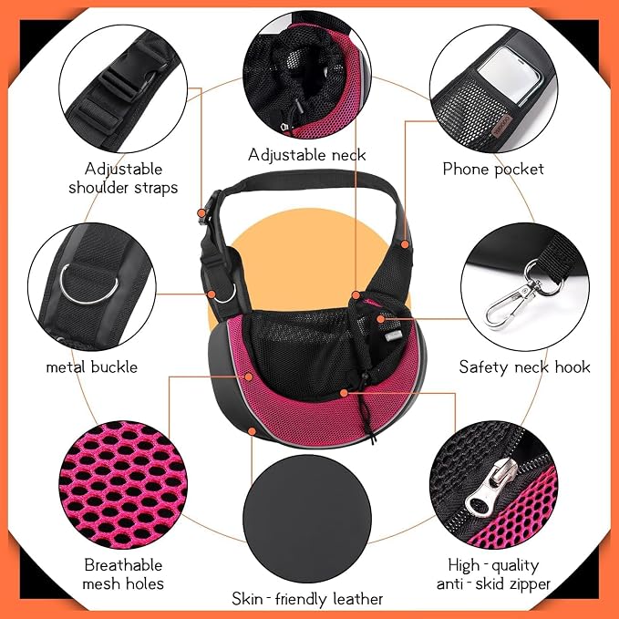 YUDODO Pet Sling Carrier for 5-9 lbs Small Dogs Cat Puppy Crossbody Carrier | Bottom support, Safety Hook, Large Zipper Pocket, Soft Breathable Mesh, Adjustable Strap, Reflective Strip, Pink, M