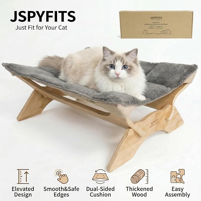 JSPYFITS Elevated Cat Bed Hammock, Raised Cat Bed with Dual-Sided Plush & Linen Cushion, Machine Washable & Breathable Cover Tool Free Easy Assembly, up to 66Lbs (Gray)