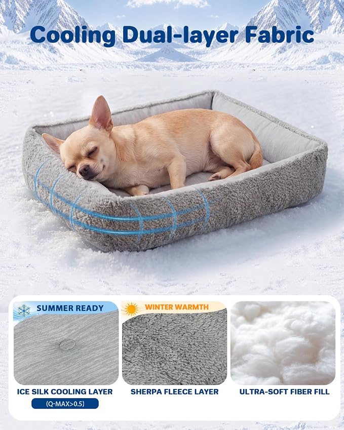 Cooling Dog Bed for Small Medium Dogs - Reversible Design (Ice‑Silk Cooling Layer | Sherpa Fleece Layer), Washable Dog Cooling Mat for Crates, Beds, Sofas 20" × 14"