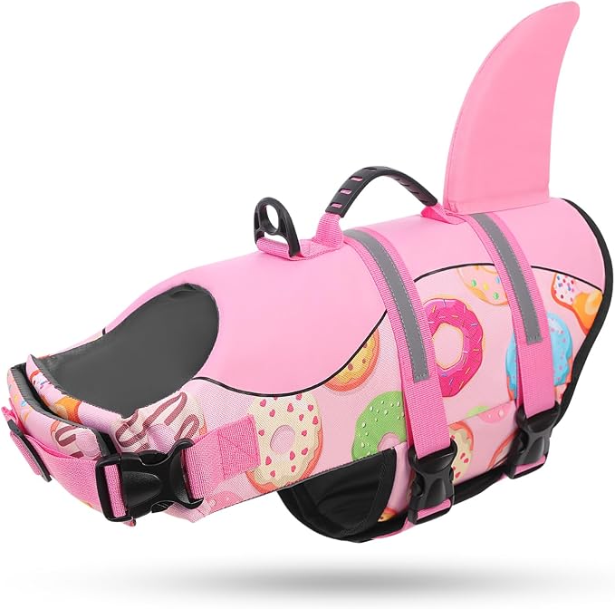 Dog Life Jacket, Dog Life Vest for Swimming, High Flotation Shark Swimming Safety Vest for Large Dogs, Reflective Pet Lifesaver Preserver with Rescue Handle, Pink Donut XL