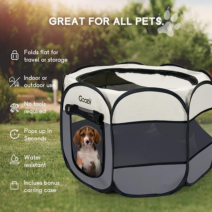 Goozii Pet Cat Playpen for Indoor Cats Enclosed, Puppy Dog Play Pen for Outdoor Travel Camping (Small Size, Beige & Dark Grey)