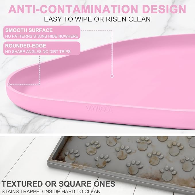 SMILOOL Waterproof Silicone Pet Food Mat with Raised Edge for Dog & Cat | 24" x 16" Non-Slip Pet Feeding Mats with Lip for Food & Water Bowl, Food Grade, Easy Cleaning, Pink