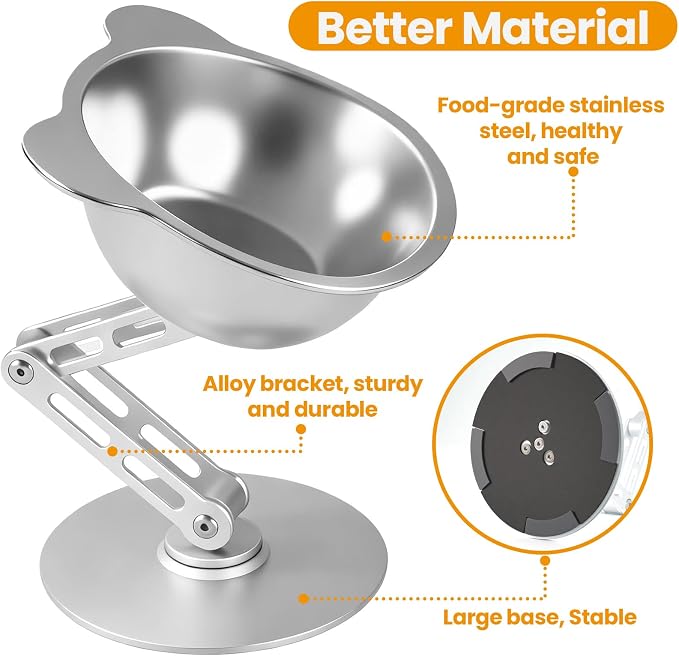 BEAVE NIUNIU Adjustable Elevated Cat Bowl Single Stand Tilted Feeder | 330ml Wide SS Bowl, 7.9in Max Height, Ergonomic Feeder for All Cats & Small Dogs