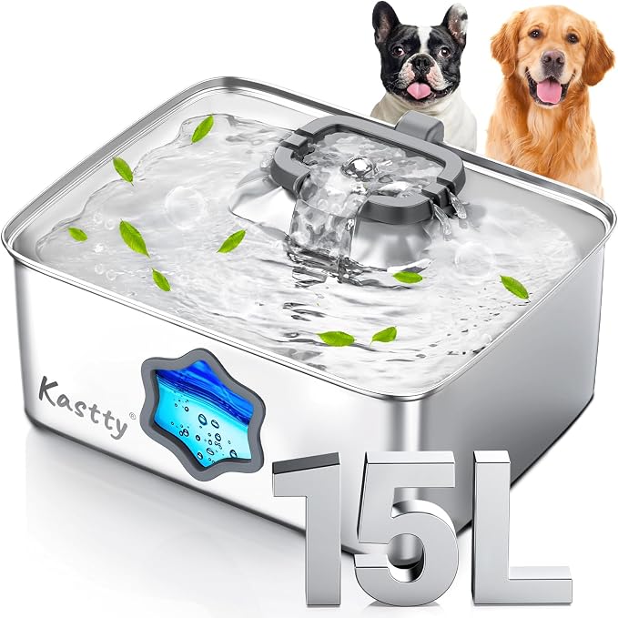 Kastty 4Gal/15L Stainless Steel Dog Water Fountain for Pets, Inside, FS81 | 5-Stage Filtration, Dual-Color LED, Visual Window, Large Medium & Multi-Pet