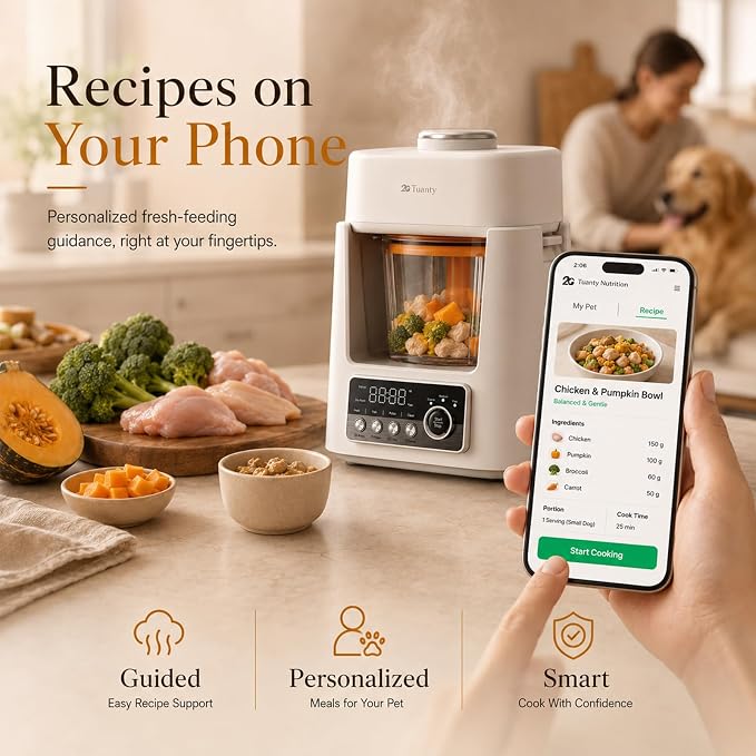 Pet Food Maker, Multifunctional Automatic Pet Fresh Food Maker All-in-One Cooker, 20 Min Steaming, Pre-Cut, Blended Natural Meal, 2L Removable Borosilicate Glass Bowl, Safe Easy to Clean