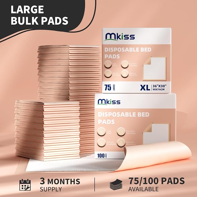 MKISS 30" x 36" Disposable Bed Pads [75 Counts], Heavy Absorbency Underpad | Super Absorbent, Extra Large, Leakproof & Waterproof Protection, Dry Quickly, Soft Fabric Surface Pads for Adult, Pets