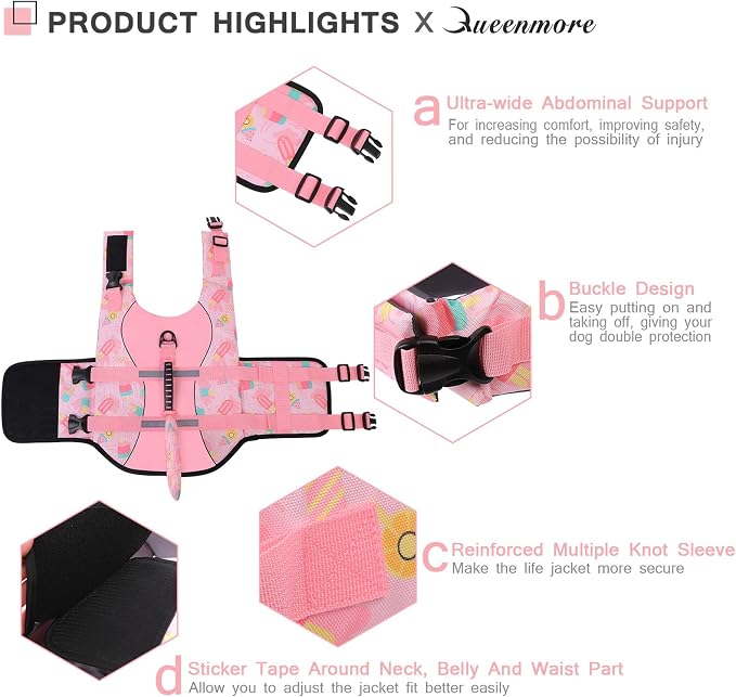 Dog Life Jacket High Flotation, Reflective, Adjustable Dog Life Preserver Rescue Handle, Spring Summer Pool for Small, Medium, Large Dogs (Pink Ice Cream, L)