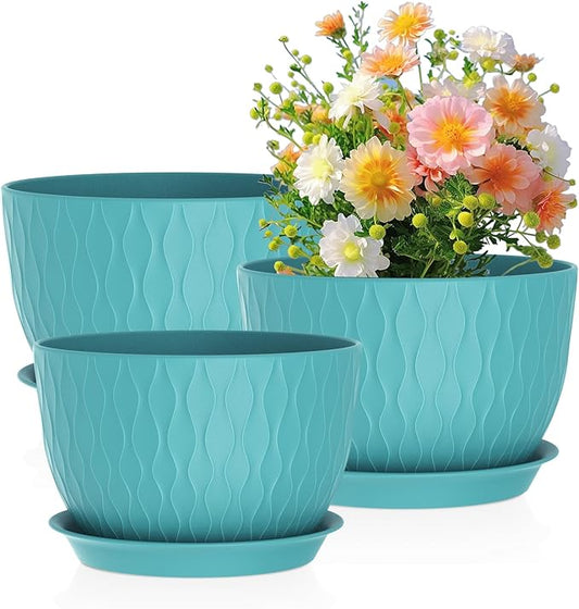 Meowell Large Plant Pots 12/10/9 inch, 3 Pack Big Flower Pots for Outdoor Indoor Plants with Water Ripples, Wide Plastic Planters with Drainage Holes and Saucers for Garden Home Decor, Blue Green