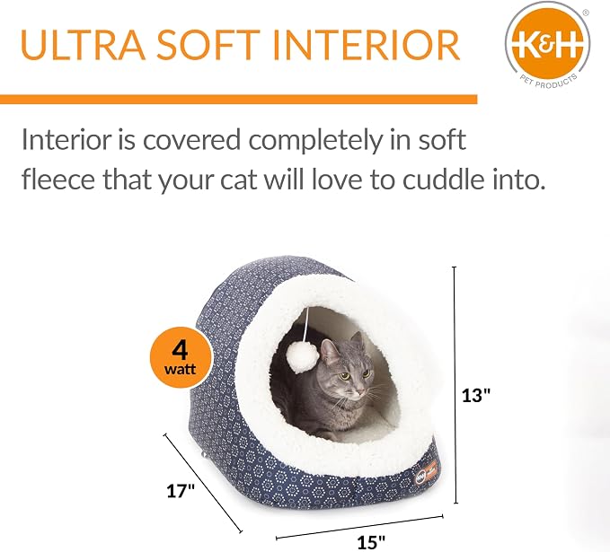 K&H Heated Cat Bed, Thermo-Pet Cave Indoor, Safety Listed, 4W, Navy/Geo | Removable Waterproof Cat Heating Pad, Heated Pet Bed for Dogs & Cats, Covered Cave Pet Tent, Collapsible, Machine Washable